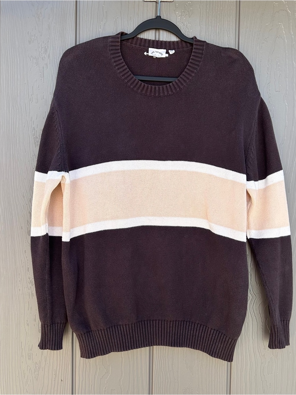 The Upside Color Blocked Knit Crewneck Sweater Brown Tan Stripe Medium USA 8